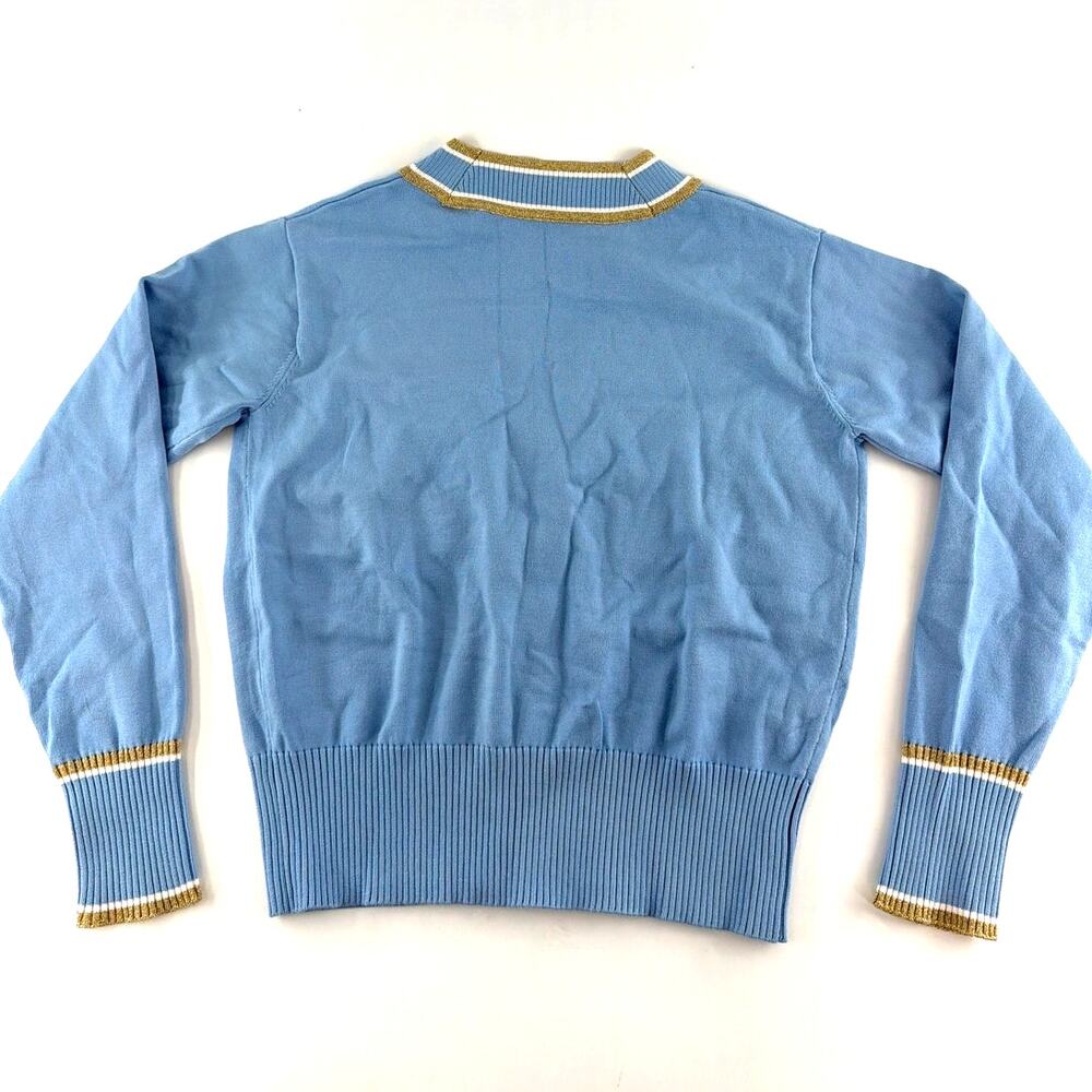 Elie Tahari Fountian Blue Gold Stripe The Kiva Shimmer-Trim Knit Cardigan Size S - Picture 9 of 11